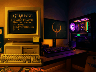 Split-view of a 1990s British bedroom and a modern gaming setup. On the left, a beige CRT monitor displays the classic Quake main menu, surrounded by original Quake, Unreal, and Tomb Raider game boxes, magazines, and a mug of tea. On the right, a contemporary RGB-lit gaming PC with an RTX graphics card and a Quake logo on the monitor sits above a Maplin bag, highlighting the evolution of PC gaming across decades.