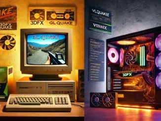 3dfx Voodoo: A split-scene showing a retro CRT gaming setup with a Voodoo Graphics card and a modern high-FPS RTX PC, illustrating frame rate evolution.