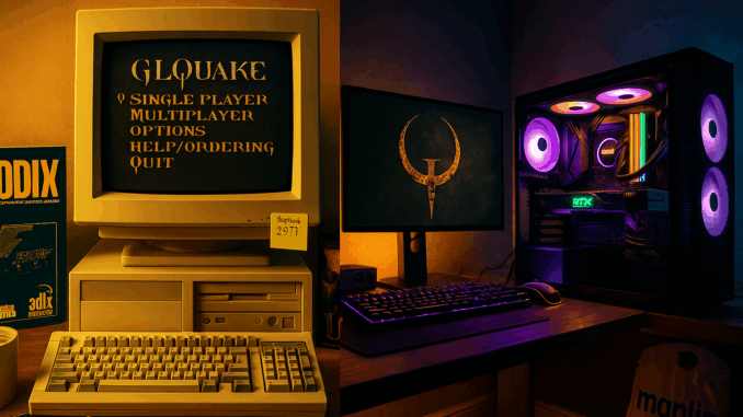 Split-view of a 1990s British bedroom and a modern gaming setup. On the left, a beige CRT monitor displays the classic Quake main menu, surrounded by original Quake, Unreal, and Tomb Raider game boxes, magazines, and a mug of tea. On the right, a contemporary RGB-lit gaming PC with an RTX graphics card and a Quake logo on the monitor sits above a Maplin bag, highlighting the evolution of PC gaming across decades.