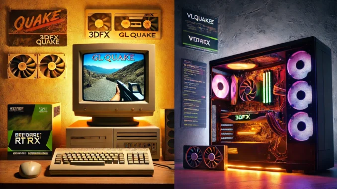 3dfx-voodoo-frame-rate-evolution 3dfx Voodoo: A split-scene showing a retro CRT gaming setup with a Voodoo Graphics card and a modern high-FPS RTX PC, illustrating frame rate evolution.