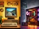 3dfx Voodoo: A split-scene showing a retro CRT gaming setup with a Voodoo Graphics card and a modern high-FPS RTX PC, illustrating frame rate evolution.
