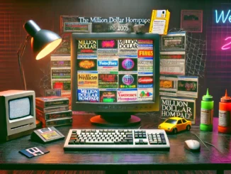The Million Dollar Homepage: A CRT monitor displaying a chaotic grid of colorful ads, surrounded by early 2000s internet paraphernalia, evoking Web 1.0 nostalgia