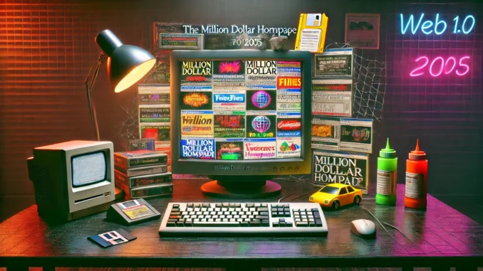 The Million Dollar Homepage The Million Dollar Homepage: A CRT monitor displaying a chaotic grid of colorful ads, surrounded by early 2000s internet paraphernalia, evoking Web 1.0 nostalgia