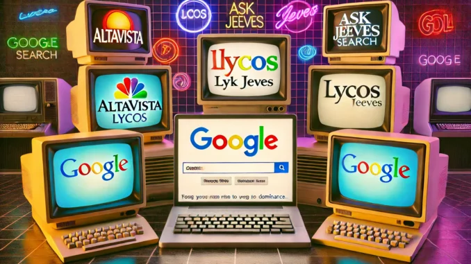 forgotten-search-engines-google-history A nostalgic collage of old search engine logos from the 1990s, including AltaVista, Lycos, and Ask Jeeves, contrasted with Google’s rise