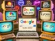 A nostalgic collage of old search engine logos from the 1990s, including AltaVista, Lycos, and Ask Jeeves, contrasted with Google’s rise
