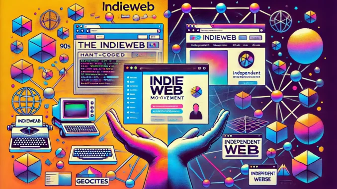 Indieweb The IndieWeb movement: A nostalgic split-screen of a 90s GeoCities-style homepage and a modern decentralised website, symbolizing the web’s rebirth