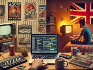 Future of Coding: A nostalgic split-screen showing a ZX Spectrum setup vs. a modern no-code workspace