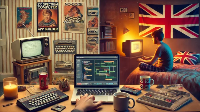 Future of Coding: A nostalgic split-screen showing a ZX Spectrum setup vs. a modern no-code workspace