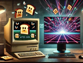 Screensaver Nostalgia: A split-screen showing a classic 1990s CRT monitor with the Flying Toasters screensaver from After Dark, alongside a modern OLED display featuring an AI-generated neon digital artwork, set in a dimly lit tech workspace
