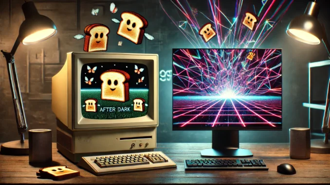 Screensaver Nostalgia Screensaver Nostalgia: A split-screen showing a classic 1990s CRT monitor with the Flying Toasters screensaver from After Dark, alongside a modern OLED display featuring an AI-generated neon digital artwork, set in a dimly lit tech workspace