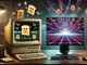 Screensaver Nostalgia: A split-screen showing a classic 1990s CRT monitor with the Flying Toasters screensaver from After Dark, alongside a modern OLED display featuring an AI-generated neon digital artwork, set in a dimly lit tech workspace