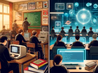 BBC Micro AI Education: A split-screen of students coding on a BBC Micro in the 80s and modern students learning AI in a futuristic classroom