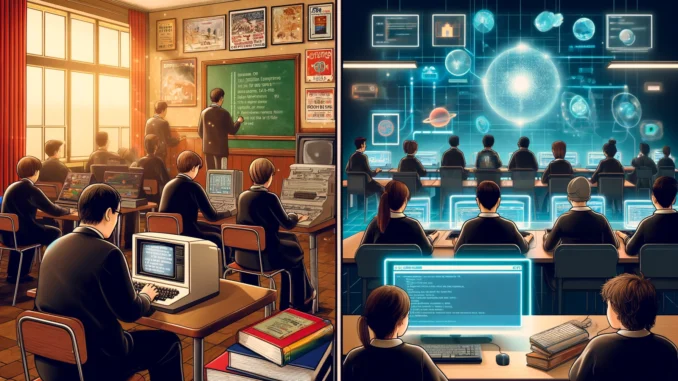 BBC Micro Revolution: Should Schools Teach AI Like in the 80s? BBC Micro AI Education: A split-screen of students coding on a BBC Micro in the 80s and modern students learning AI in a futuristic classroom