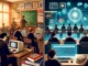 BBC Micro AI Education: A split-screen of students coding on a BBC Micro in the 80s and modern students learning AI in a futuristic classroom