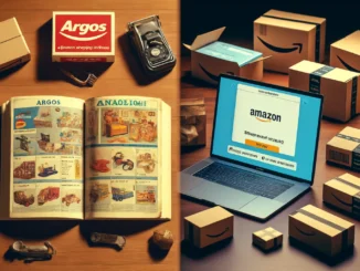 Retail Evolution: A nostalgic split-screen illustration featuring an old Argos catalogue on one side and an Amazon delivery package with a digital shopping interface on the other, visually representing the shift from catalogue-based shopping to AI-driven e-commerce