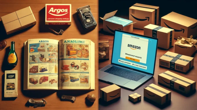 Retail Evolution: Argos vs. Amazon’s Shopping Revolution Retail Evolution: A nostalgic split-screen illustration featuring an old Argos catalogue on one side and an Amazon delivery package with a digital shopping interface on the other, visually representing the shift from catalogue-based shopping to AI-driven e-commerce