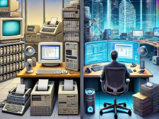 Illustration of the evolution from dial-up internet to AI-driven workspaces, highlighting Gen X’s technological adaptability.