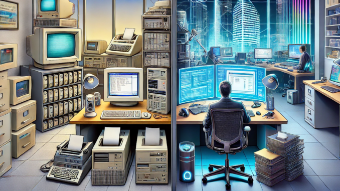 Illustration of the evolution from dial-up internet to AI-driven workspaces, highlighting Gen X’s technological adaptability.