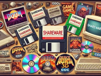 Vintage PC shareware featuring floppy disks, CDs, and iconic games like Doom and Duke Nukem, evoking '90s gaming nostalgia