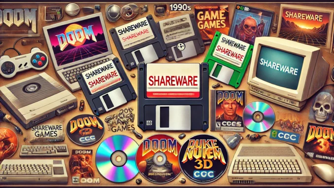 pc-shareware-doom-duke-nukem Vintage PC shareware featuring floppy disks, CDs, and iconic games like Doom and Duke Nukem, evoking '90s gaming nostalgia