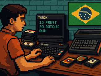 Pixel art of a man using a TK90X computer at a wooden desk, with cassette tapes, a ZX Spectrum Next, and a Brazilian flag on the wall. The screen displays a BASIC loop: “10 PRINT / 20 GOTO 10.”