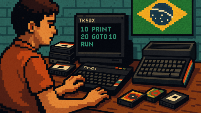 around-the-world-in-8-bits-brazil Pixel art of a man using a TK90X computer at a wooden desk, with cassette tapes, a ZX Spectrum Next, and a Brazilian flag on the wall. The screen displays a BASIC loop: “10 PRINT / 20 GOTO 10.”
