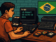 Pixel art of a man using a TK90X computer at a wooden desk, with cassette tapes, a ZX Spectrum Next, and a Brazilian flag on the wall. The screen displays a BASIC loop: “10 PRINT / 20 GOTO 10.”