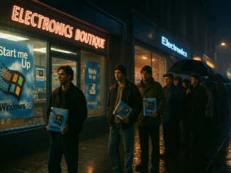 Queue outside Electronics Boutique in Preston for the Windows 95 midnight launch, 1995