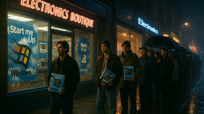 Queue outside Electronics Boutique in Preston for the Windows 95 midnight launch, 1995