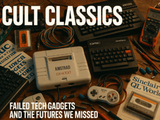 A retro-themed photograph of a cluttered desk featuring classic failed tech gadgets, including an Amstrad GX4000 console, Memotech MTX, Oric Atmos, old controllers, circuit boards, cassettes, and vintage magazines. The scene is styled with warm, nostalgic lighting and surrounded by repair tools and wires. Bold text reads “CULT CLASSICS” and “FAILED TECH GADGETS AND THE FUTURES WE MISSED”.