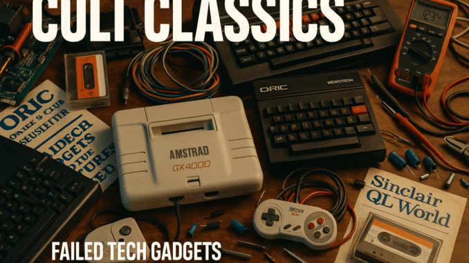 CultClassics A retro-themed photograph of a cluttered desk featuring classic failed tech gadgets, including an Amstrad GX4000 console, Memotech MTX, Oric Atmos, old controllers, circuit boards, cassettes, and vintage magazines. The scene is styled with warm, nostalgic lighting and surrounded by repair tools and wires. Bold text reads “CULT CLASSICS” and “FAILED TECH GADGETS AND THE FUTURES WE MISSED”.