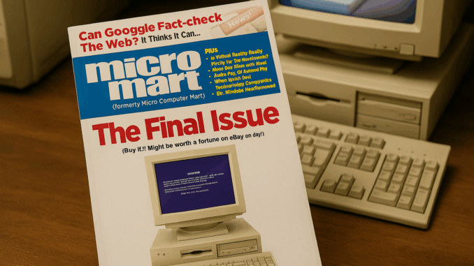 Micro-Mart-Magazine-History Micro Mart magazine on an old desk, next to a classic beige PC.