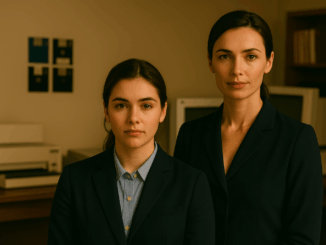 1990s-inspired study features a 15-year-old Talia and an adult Talia side by side. Both wear navy blazers, and the room is filled with vintage tech.