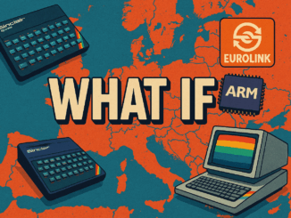 A colourful, retro-futuristic landscape illustration of Europe, with “WHAT IF?” text across the continent. Surrounding the map are a futuristic Sinclair Spectrum, a next-gen BBC Micro computer, an ARM chip, and a EuroLink logo, visually representing the concept of a European digital superpower.