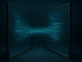 AI Feedback Loops show two mirrors facing each other, creating infinity with flowing digital data between, representing recursive AI systems.