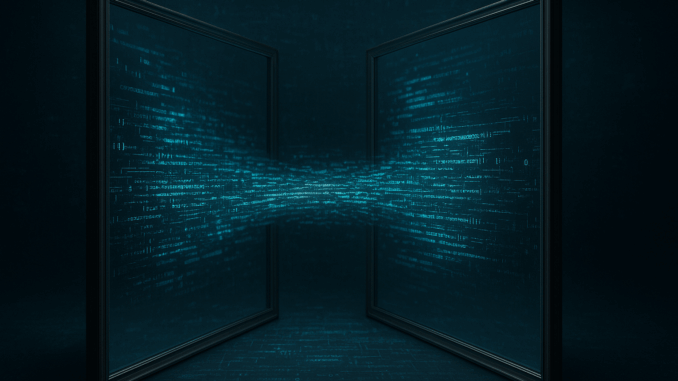 AI Feedback Loops show two mirrors facing each other, creating infinity with flowing digital data between, representing recursive AI systems.