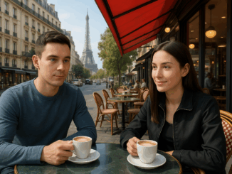 AI and Online dating conceptualised with two avatars having a virtual coffee date in a realistic digital rendition of a Paris café, highlighting the modern fusion of technology and intimate social interaction.