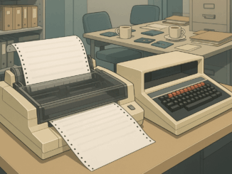 Automation History image featuring a BBC Micro computer beside a busy dot-matrix printer in a cluttered office setting with floppy disks and tea cups, encapsulating early British automation.