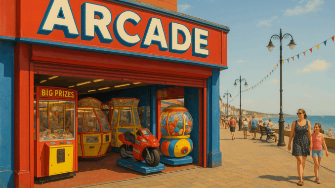 british-seaside-arcades-coastal-digital-culture British Seaside Arcades with a bustling arcade entrance, vintage gaming machines, and a lively coastal promenade in the background, symbolizing a blend of technology and summer leisure.