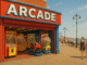 British Seaside Arcades with a bustling arcade entrance, vintage gaming machines, and a lively coastal promenade in the background, symbolizing a blend of technology and summer leisure.