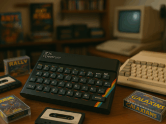 British Software's Golden Age depicted through a composition featuring a ZX Spectrum, cassette tapes, and an Amiga set against a blurred 1980s British home computing environment.