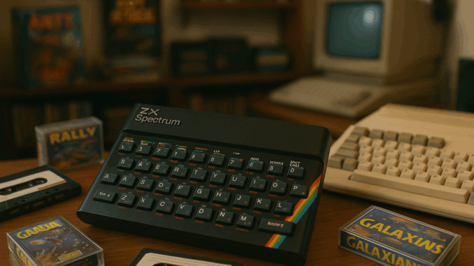 British Software's Golden Age depicted through a composition featuring a ZX Spectrum, cassette tapes, and an Amiga set against a blurred 1980s British home computing environment.