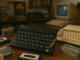 British Software's Golden Age depicted through a composition featuring a ZX Spectrum, cassette tapes, and an Amiga set against a blurred 1980s British home computing environment.