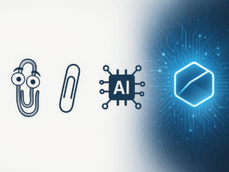 Clippy to Copilot image showing the evolution from a cartoonish paperclip on the left to a sophisticated digital AI network on the right, symbolising past and future virtual assistants