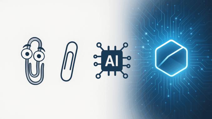 Clippy to Copilot image showing the evolution from a cartoonish paperclip on the left to a sophisticated digital AI network on the right, symbolising past and future virtual assistants