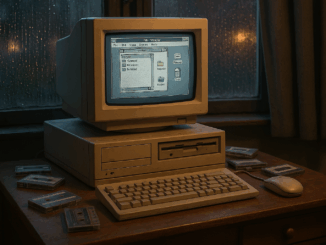 early digital identity represented by a 1990s vintage computer setup on a wooden desk with scattered cassettes and a rainy window in the background, capturing the nostalgia and privacy of the early internet era