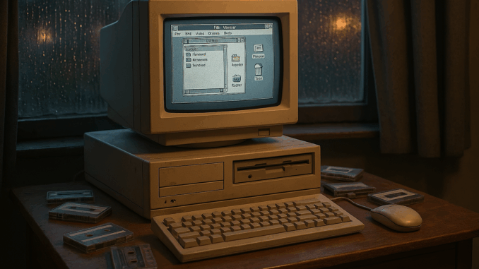 early digital identity represented by a 1990s vintage computer setup on a wooden desk with scattered cassettes and a rainy window in the background, capturing the nostalgia and privacy of the early internet era