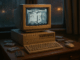 early digital identity represented by a 1990s vintage computer setup on a wooden desk with scattered cassettes and a rainy window in the background, capturing the nostalgia and privacy of the early internet era
