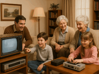 Gadget stories depicted through a 1980s family room scene with various electronics including a VCR and TV, showing a family engaging with the tech in a lively, everyday setting.