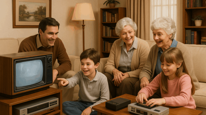 gadget-stories-human-technology Gadget stories depicted through a 1980s family room scene with various electronics including a VCR and TV, showing a family engaging with the tech in a lively, everyday setting.